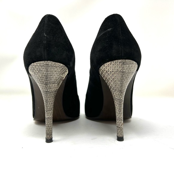 STUART WEITZMAN black suede, snakeskin, peep toe heels, made in Italy, size 8.5 - Picture 6 of 11